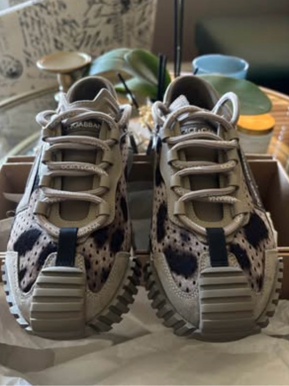Dolce & Gabbana Beige and Black Leopard-Print Sneakers